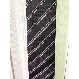 WeiShang Mens Silk Necktie Black Burgundy White Diagonal Stripe Handmade Tie